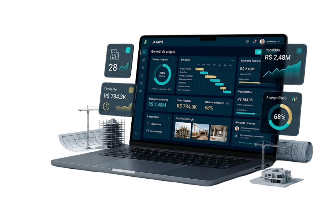 Painel do JAJAPÔ em um notebook, mostrando progresso da obra, cronograma e resumo financeiro.